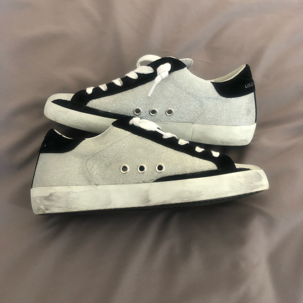 Golden Goose White Silver Sneakers with Black Star and Red Floral Embroidery - Picture 5 of 15